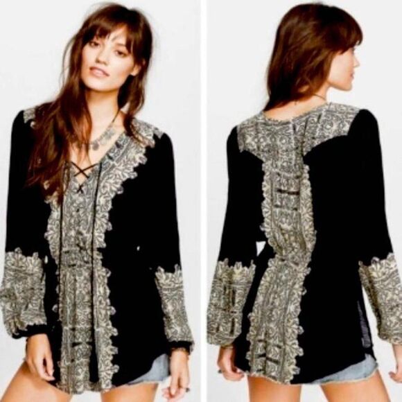 Free People Tops - Free People Wildest Moments Black/Tan Tunic Top Sz M